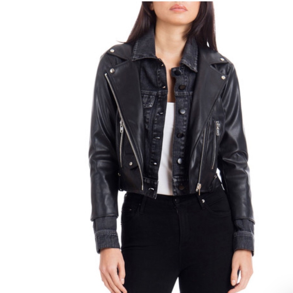 Faux Leather/Denim Biker Jacket - Picture 3 of 4
